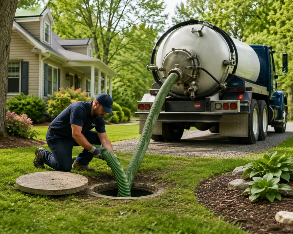 Septic service technician pumping a residential septic tank using a vacuum truck and hose in a Georgia neighborhood, performing routine septic maintenance to prevent backups and extend system life.