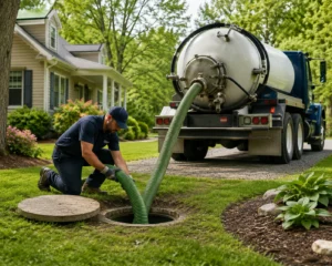 Septic service technician pumping a residential septic tank using a vacuum truck and hose in a Georgia neighborhood, performing routine septic maintenance to prevent backups and extend system life.