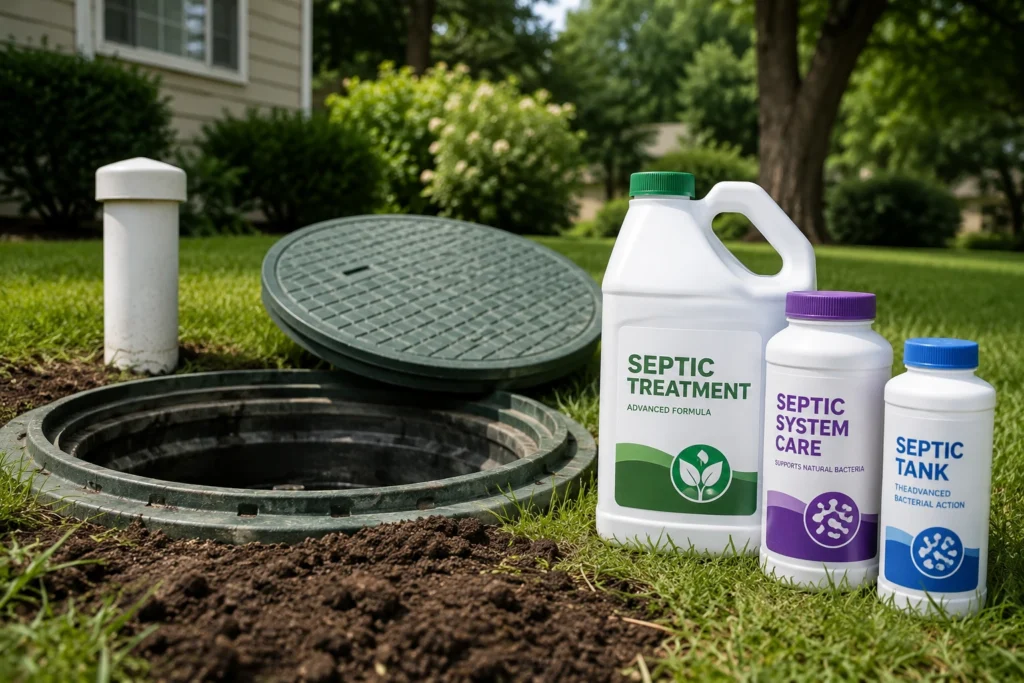 Septic tank access lid with biological septic treatment products displayed beside it, illustrating septic additives used for septic system maintenance and care.