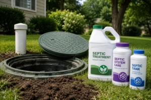 Septic tank access lid with biological septic treatment products displayed beside it, illustrating septic additives used for septic system maintenance and care.
