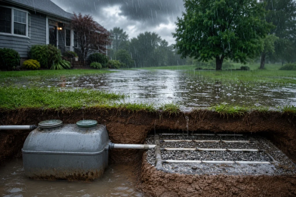 Cross-section illustration of a residential septic tank and drain field during heavy rain, showing saturated soil and standing water around the septic system.