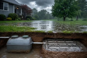 Cross-section illustration of a residential septic tank and drain field during heavy rain, showing saturated soil and standing water around the septic system.