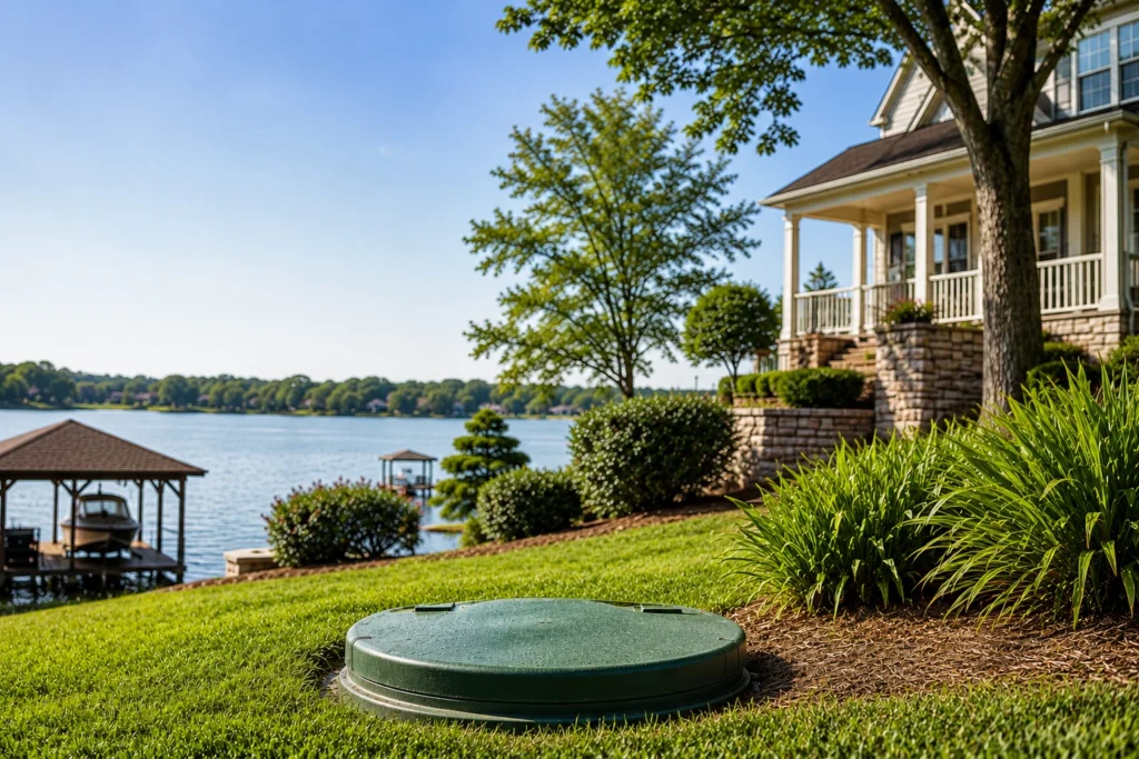 Lakefront home overlooking Lake Oconee with a visible septic tank lid in the landscaped yard, illustrating proper septic maintenance for waterfront properties.