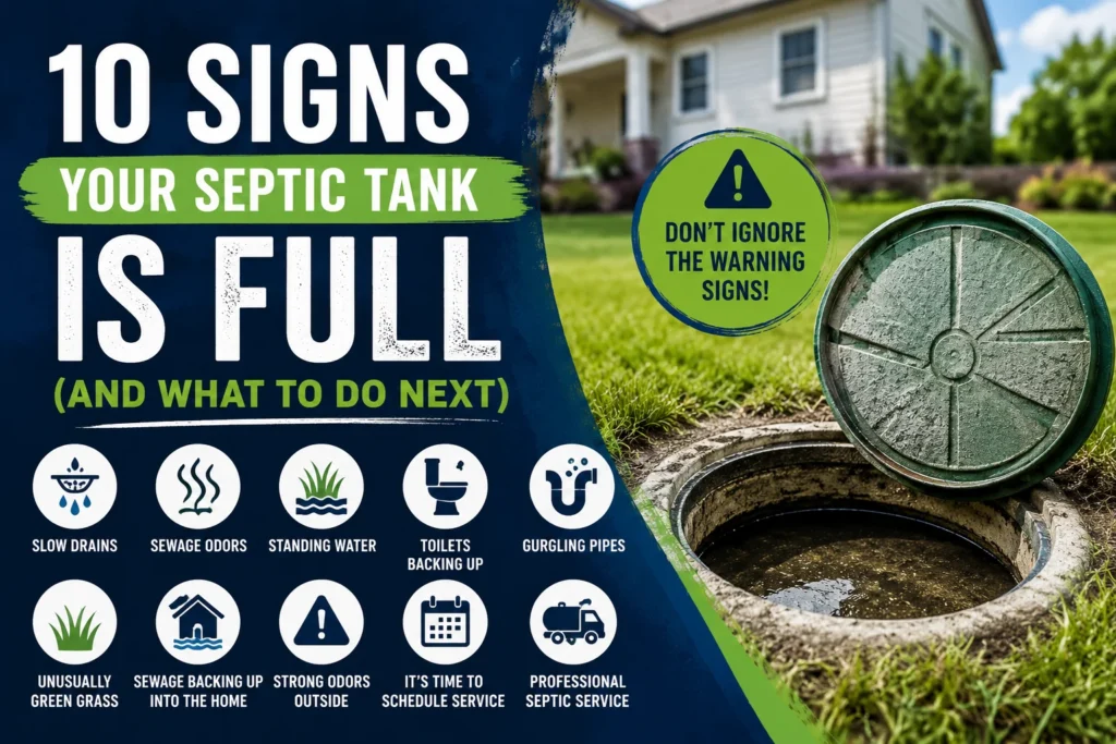 Open residential septic tank beside a home illustrating common signs of a full septic tank, including slow drains, sewage odors, standing water, and plumbing backups.