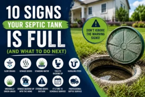 Open residential septic tank beside a home illustrating common signs of a full septic tank, including slow drains, sewage odors, standing water, and plumbing backups.